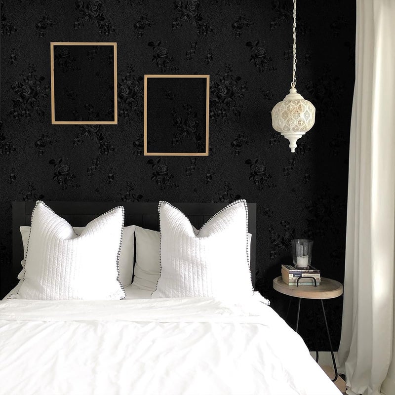 Erfoni Black Peel and Stick Wallpaper Black Floral Embossed Contact Paper 17.7inch×393.7inch Removable Textured Flower Wallpaper Self Adhesive Thicken Accent Wall Countertops Wall Paper - Image 4